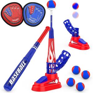 3-in-1 Kids T-Ball Set for Toddlers 3-5 with Fixed Tee Ball Stand, Baseball Launcher, Toss and Catch Ball Game - Outdoor Sports Toy Gift for Boys and Girls