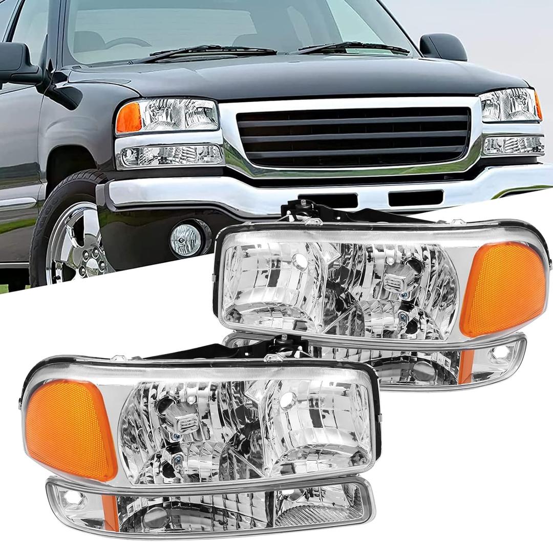 Headlights Assembly Replacement for 1999-2006 GMC Sierra 1500 2500, 2000-2006 Yukon Except Denali Model Head lights Headlamp Assembly, Chrome Housing Amber Reflector (Chrome Amber)