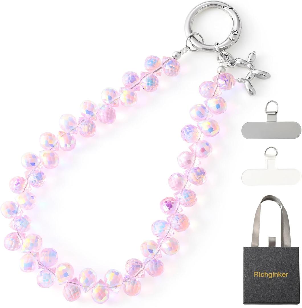 Crystal Phone Wrist Strap Phone Charm Chain Keychain Beaded Cellphone Lanyard with Tether Tab Hands-Free Wristlet Bracelet Wrist Grip Strap for Women, D-Pink AB (1 Count (Pack of 1))