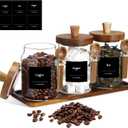 Suclain 3 Pcs Glass Coffee Container with Wooden Lid Spoon Shelf Labels Clear Airtight Jar Food Storage Canister Set for Sugar Spice Coffee Bean Holder Housewarming Gift(20 oz,Acacia Brown)