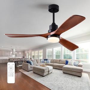 52 Inch Ceiling Fans with Lights and Remote, Quiet Reversible DC Motor and 3 Color Dimmable Light, 3 Blades 6 Speed Wood Ceiling Fan for Farmhouse Living Room Bedroom Dining Room Workroom Study (Black Walnut)