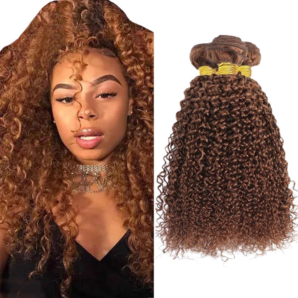 Kinky Curly Light Brown Bundles Human Hair Brown Curly Hair Bundles Double Weft Brazilian Virgin Remy Hair Extensions 14 16 18 Inch