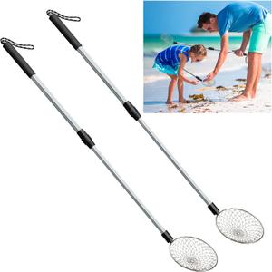 2 Pack 5.3 Inch Beach Sand Sifter- 22~35 Inch Adjustable Shark Tooth Sifter- Sand Scoop Shell Scooper for Beach- Beach Scoop Shovel and Sifter Tool for Picking Up Shells Beachcombing & Rock Hunting