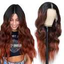 Ombre Copper 350 Synthetic Lace Front Wig 13x6 HD Lace Black to Reddish Brown Long Wavy Wig For Black Women Auburn Wigs Glueless Pre Plucked Natural Hairline