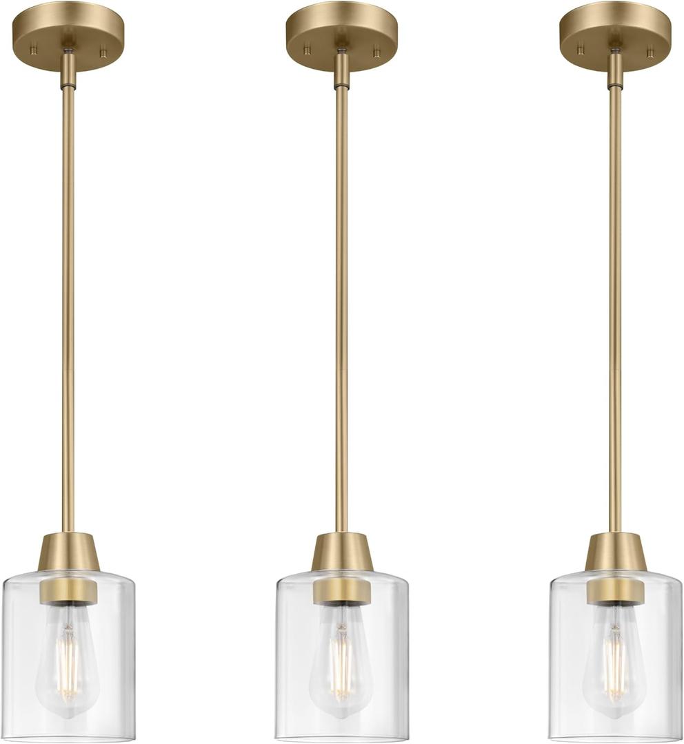 3 Pack 1 Light Brass Pendant Lights Kitchen Island, Gold Modern Chandelier Clear Glass Shade, Adjustable Multiple Stems Rods Hanging Farmhouse E26 Socket Light for Dining Room Bedroom Bar