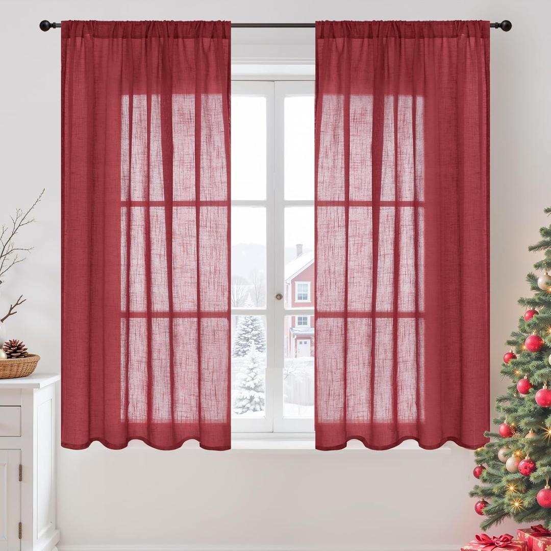 BGment Linen Burgundy Curtains 54 Inch Length for Short Window, Semi Sheer Drapes Lightweight Rustic Textured for Living Room Christmas Patry Decor Rod Pocket, 2 Panels Set, Each 42 Inch Wide