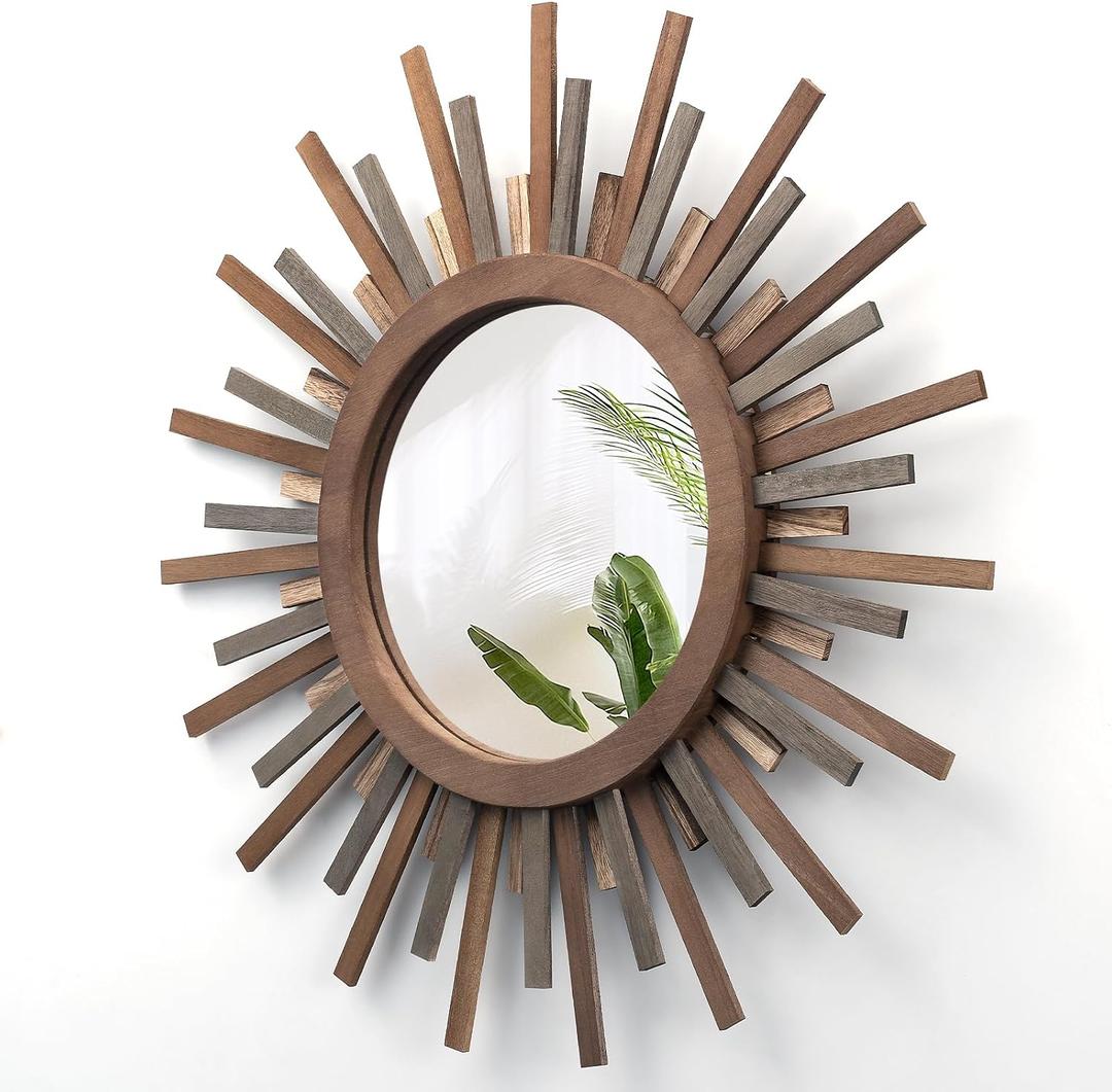 24 Inch Boho Sunburst Mirror, Decorative Rustic Farmhouse Wall Decor for Living Room, Bedroom, Bathroom, Hallway - Tricolor Wood Frame