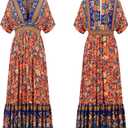 R.Vivimos Women's Summer Boho Floral Print Midi Dress Short Sleeve Deep V Neck Empire Waist Flowy Beach Dress with Pockets (XL, Blue)