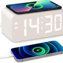 Wooden Digital Alarm Clock, 10W Fast Wireless Charger Station & 2 USB Charging Ports, with 0~99% Dimmer, Dual Alarm, Weekday/Weekend Mode, Wood LED Clock for Bedroom, Desk, Office (White)