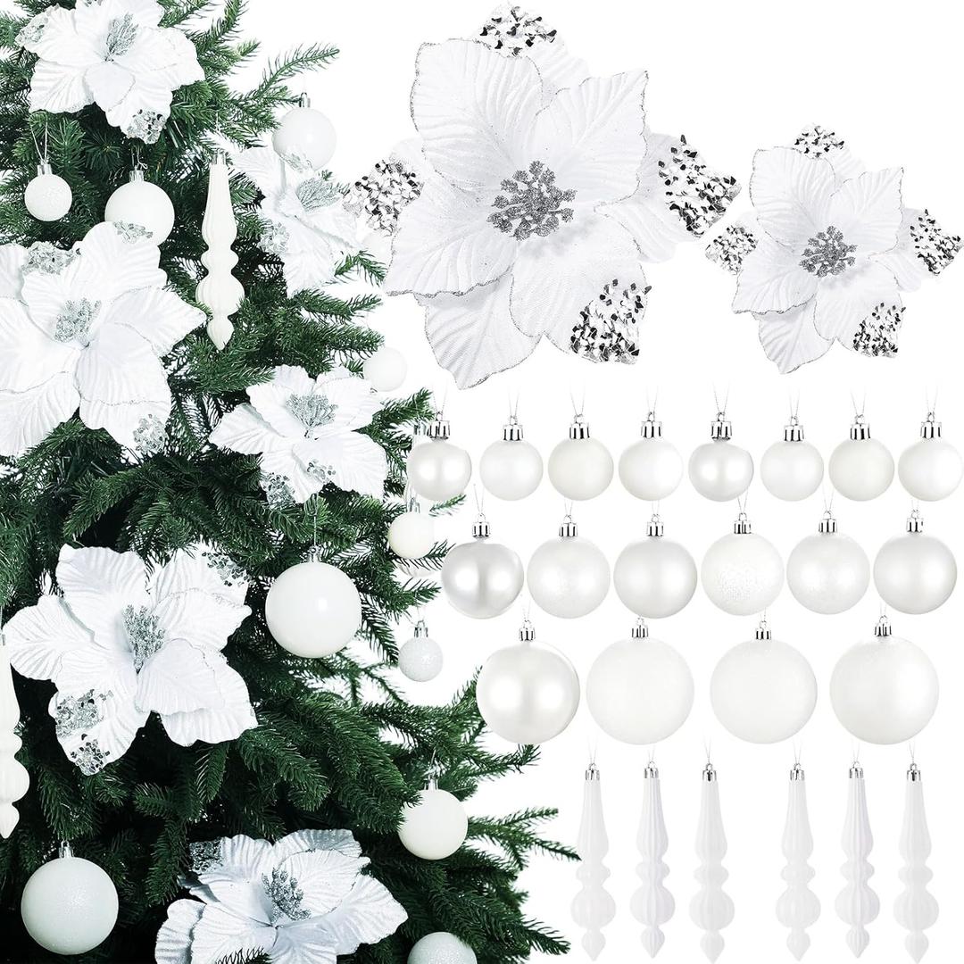 Janinka 36 Pack Christmas Poinsettia Flowers Decoration Set Include 12 Pcs Artificial Glitter Poinsettia, 24 Pcs Hanging Christmas Balls and Teardrop Ornaments for Xmas Holiday Decor(White)