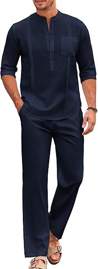 COOFANDY Men's 2 Piece Cotton Sets Casual Long Sleeve Cuban Henley Shirt and Loose Pants Set Beach Vacation Outfits, Size 3XL