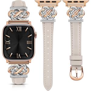 Minyee Celtic Knot Leather Band Compatible with Apple Watch Band Women, Slim Thin Dressy Premium Leather Adjustable Strap for iWatch SE/Ultra 3 2 1 Starlight/Rose Gold&Silver, 44/45/46/49/42mm(Series 3/2/1)