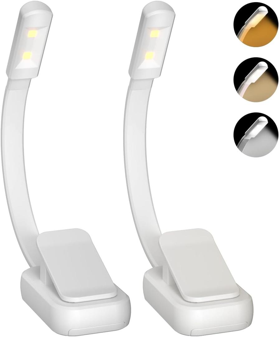 Book Light,Reading Lights for Books in Bed,AAA Battery Clip-On Led Reading Light with 3 Colors & Stepless Dimming,Portable and Ultra-Lightweight with Long Runtime(2P WH)