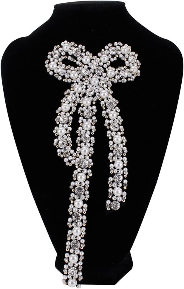 Handmade Large Pearl Bow Flower Beaded Patch for Clothing Embroidery Applique Decoration Patches Sewing on Accessories (Black)