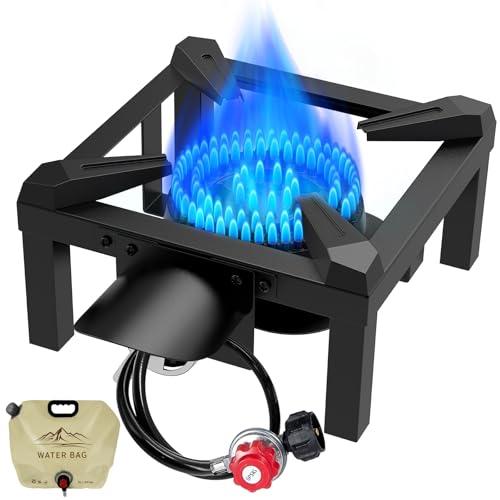 Propane Burner, 100,000 BTUs High Pressure Single Propane Stove - Heat Shield and Guard, 4.1ft Adjustable Hose with Regulator, Gas Stove for Outdoor Cooking, Turkey Fry, Seafood Boil