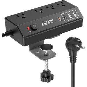 Desk Clamp Power Strip 10FT with PD 20W Fast Charging USB C, JXGUCAT Desktop Mount Power Strip Surge Protector, Removable Extension Cord with 4 Outlets 4 USB Ports, Fit 1.8" Tabletop Edge, Black