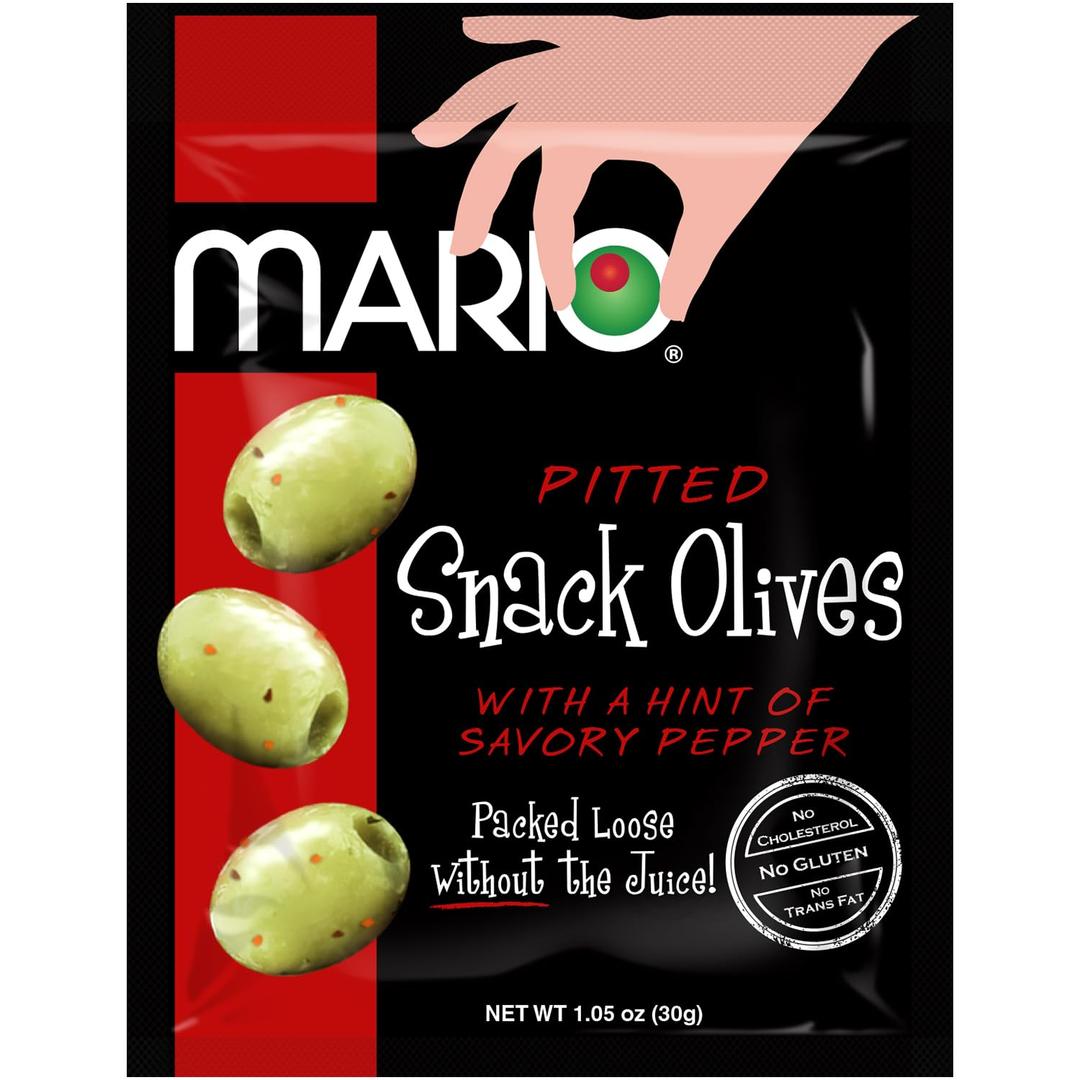 Mario Camacho Foods Pitted Snack Olives - Green Olives with a Hint of Pepper - 1.05 oz Pouches (Pack of 12) (EXP 04/19/26)
