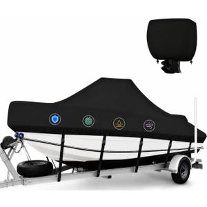 1400D Center Console Boat Cover 20-22 ft, Heavy Duty Waterproof Marine Canvas, Trailerable V-Hull Boat Cover with Outboard Motor Cover Bag, Straps, Black