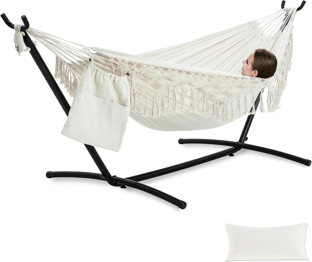 PNAEUT Handmade Tassel Hammocks, Double Hammock with Stand for Outside, Max 450 lbs Capacity, Pillow & Storage Bag Included (Beige)
