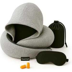 Travel Neck Pillow Hooded Memory Foam 360° Head & Chin Support, Lightweight Breathable Adjustable Fit Travel Neck Pillow with Eye Mask, Earplugs & Carry Bag for Airplanes, Car, Bus, Train & Long Trips