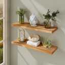 Fun Memories 36" Natural Wood Floating Shelves, 9.3" Deep Solid Elm Wood Shelves, Rustic Wall-Mounted Display Shelves with Invisible Heavy-Duty Metal Brackets, 2-Pack, Natural (Flat Edge,36"W x 9.3"D, Usa-sourced Elm Wood Natural Finish)