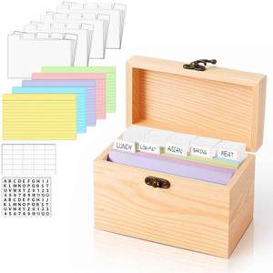 MOBYKE Index Card Holder 4x6, 100 Pcs Heavy-Duty Index Card Business Card Organizer Wooden Recipe Box with Dividers Flash Card Holder with 30 White Dividers, 1 Blank Sticker and 1 Letter Sticker