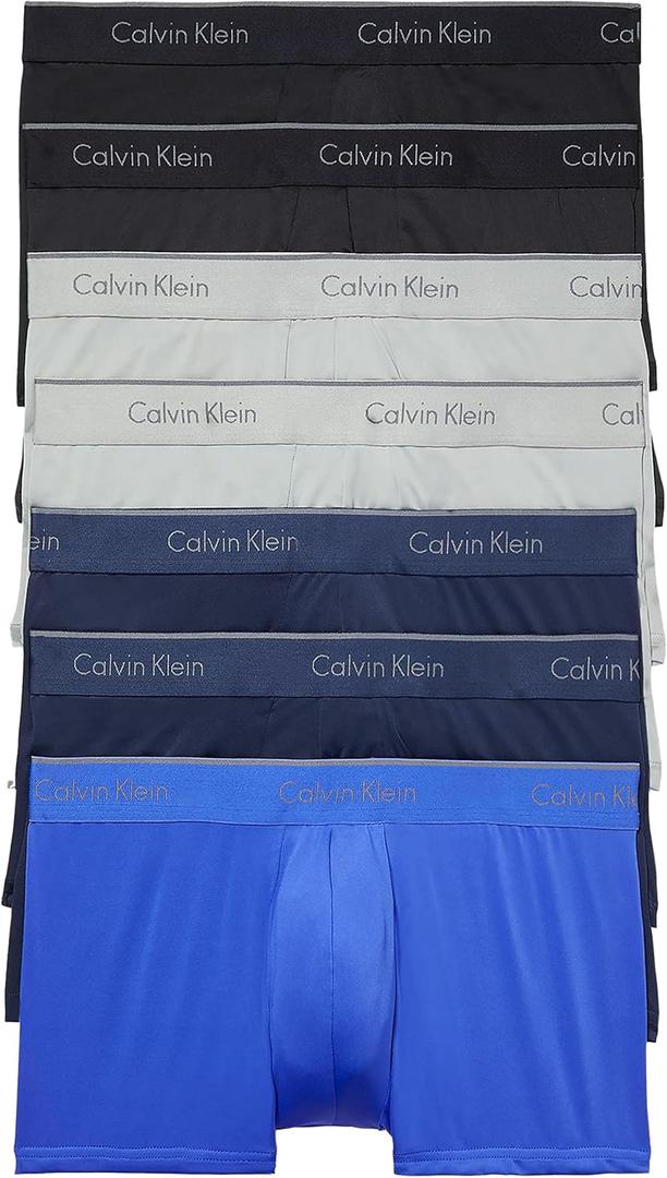 Calvin Klein Men's Microfiber Stretch 7-Pack Low Rise Trunks (X-Large, 2 Black, 2 Blue Shadow, 2 Medium Grey, 1 Cobalt Water)