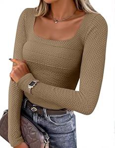 ZESICA Women's Long Sleeve Shirts 2025 Fall Fashion Square Neck Slim Fit Basic Going Out Tops Trendy Outfits Khaki Small