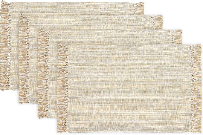PurpleEssences Chambray Placemats with Fringes - 100% Cotton, Set of 4, 13x19 Inch, Thick Durable Table Mats for Dining, Kitchen, or Casual Farmhouse Tabletop Dcor - Beige and H.white