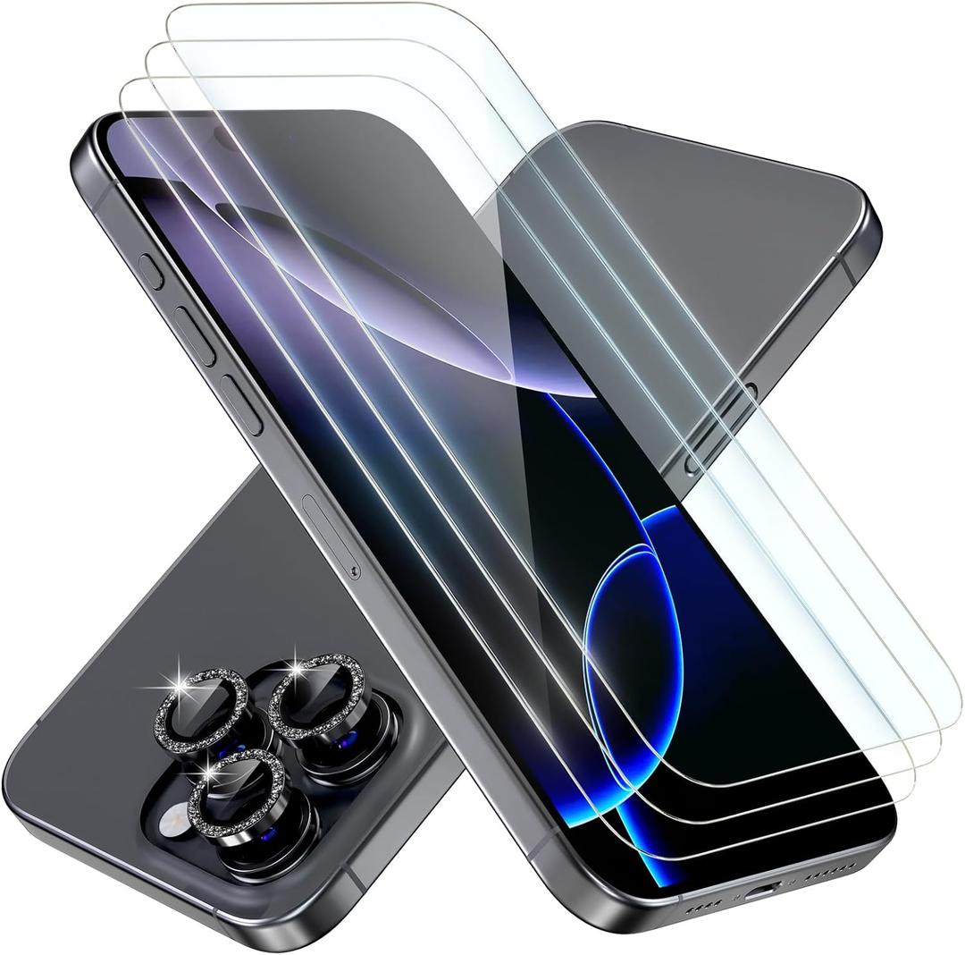 beuxece 3 Pack for iPhone 16 Pro Screen Protector 6.3" [9H Tempered Glass] [Bubble Free] [Military Grade Protection] & 1 Set of Glitter Camera Lens Protector - Black