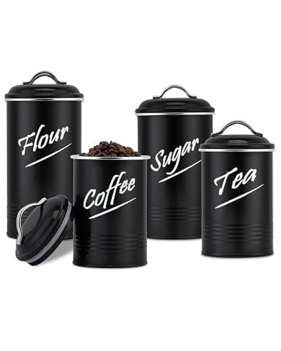 Hillbond Kitchen Canister Set of 2, Airtight Stainless Steel Food Storage Containers with Lids, Flour Sugar Canisters for Countertop, Metal Kitchen Storage Jars, Black