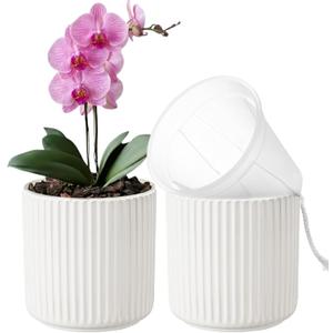 2 Pack of 5in Ceramic Cachepot with 5 inch Clear Nusery Pot - Self Watering Indoor Planter with Drainage for Root Visibility,Semi Hydro Pots For Repotting Orchid,White