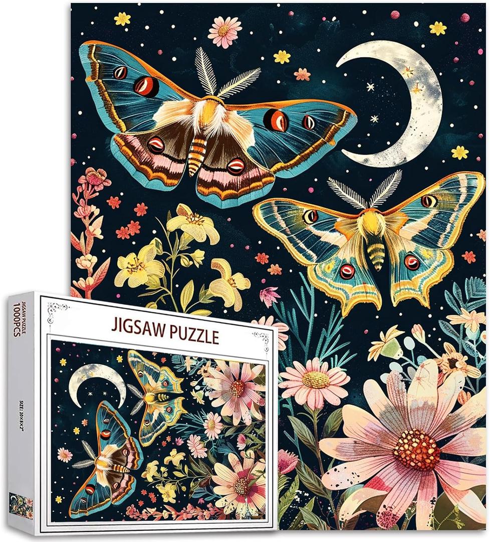 Butterfly in Flowers Jigsaw Puzzles for Adults 1000 Pieces Boho Pictures Night Moon DIY Puzzles for Challenging Family Activity Games Wall Decor Art Craft Unique Gifts 20x27 Inches