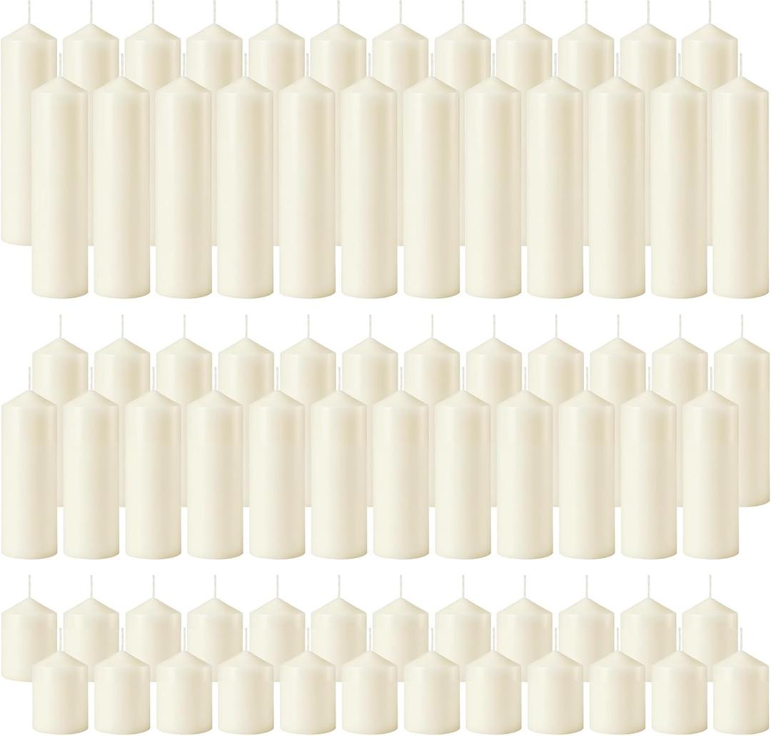 Pillar Candles Bulk Set - Unscented, Smokeless, Dripless | 3 Sizes: 2x3, 2x6, 2x8 Inches | Ideal for Weddings, Christmas & Home Decor (72, Ivory White)