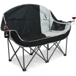 Double Camping Chair with Cooler, Oversized Heavy Duty Loveseat for Adults Portable Folding 2 Person Camp Couch Padded Comfortable Two Seat for Outdoor Beach Lawn Tailgating Sports (Black Grey)