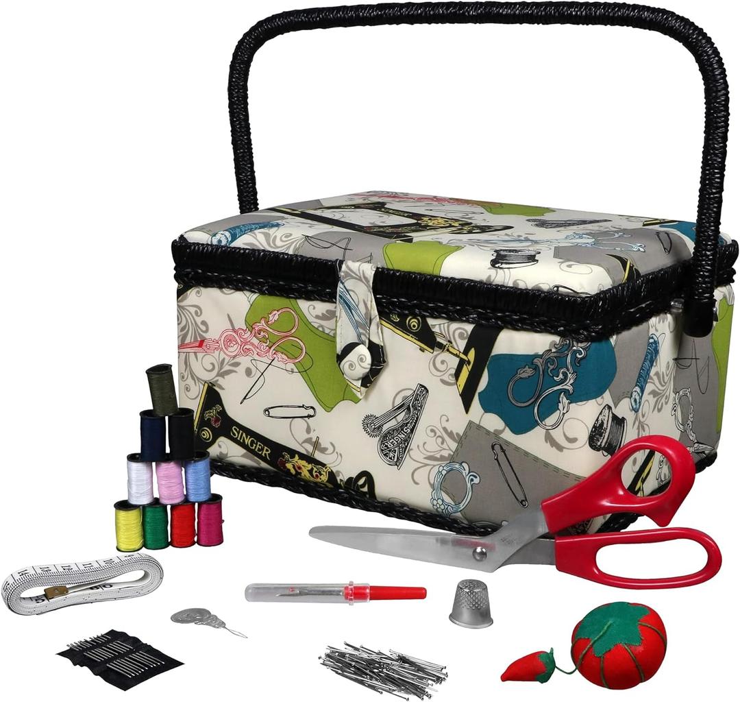 SINGER 07281 Vintage Sewing Basket with Sewing Kit Accessories