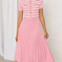 ZESICA Women's 2026 Casual Striped Midi Dress Crewneck Short Sleeve Button Ribbed Knit Swing Pleated A Line Dresses (Pink, S)