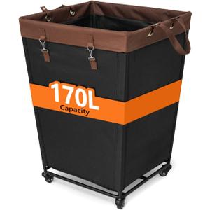 44 Gal Laundry Hamper with Wheels, Large Capacity Laundry Basket with Wheel and Handle, Black Fabric Rolling Dirty Clothes Hamper for Bathroom Dorm Closet Home Hotel (170L)