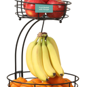 Two-Tier Fruit Basket with Banana Hanger – Black Metal Countertop Produce Stand – Kitchen Storage Organizer for Apples, Oranges, Bananas – Durable Iron Wire Frame
