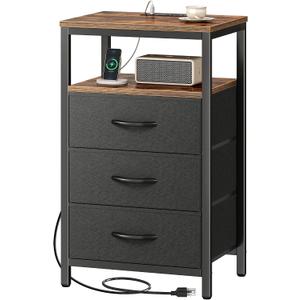 Huuger Nightstand with Charging Station, 27.6 Inch End Table Bedside Table with USB Ports and Outlets, Fabric Drawers, Night Stand for Bedroom, Rustic Brown and Black, 11.8"D x 15.7"W x 27.6"H
