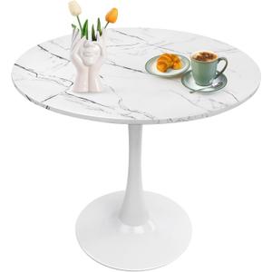 31.5 Inch Round Dining Kitchen Table White Faux Marble Mid-Century Modern Leisure Table with Pedestal Base in Tulip Design for Home Kitchen Office Small Spaces