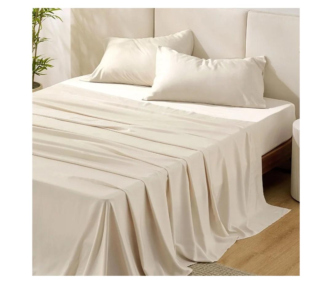 Bedsure Queen Sheet Set, Rayon Derived from Bamboo, Cooling Sheets, Breathable & Soft, Deep Pocket Up to 16", Hotel Luxury Silky Bedding for Hot Sleepers, Light Beige
