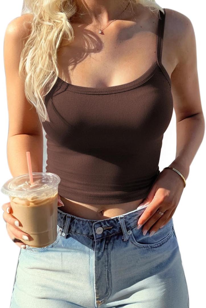 CHYRII Womens Tank Tops with Built in Bra Fashion Workout Top Longline Sports Bra Basic Camisole Top (Medium, Coffee)