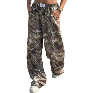 ZAFUL Women's Camo Cargo Pants Y2K Elastic High Waisted Wide Leg Casual Straight Pants Joggers Sweatpants with Patch Detail (S)