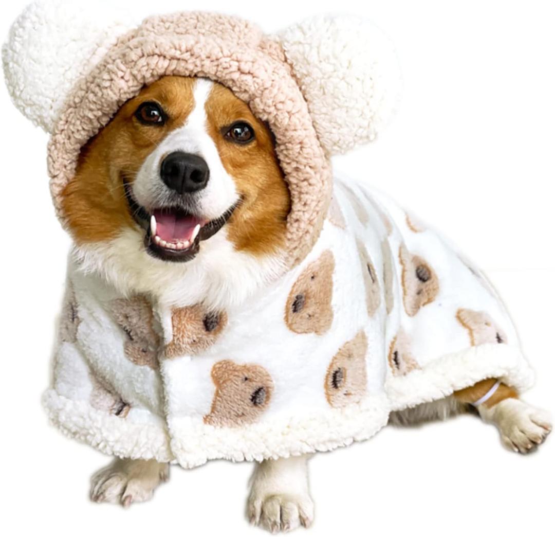 Size Small to Large, Dog Winter Coat with Hat, Kitten Thicken Cloak Blanket, Pets Nightgown for Small Medium Dogs Brown Medium (M: Recommand Weight 7-14 lbs (3.5-6.5kg))