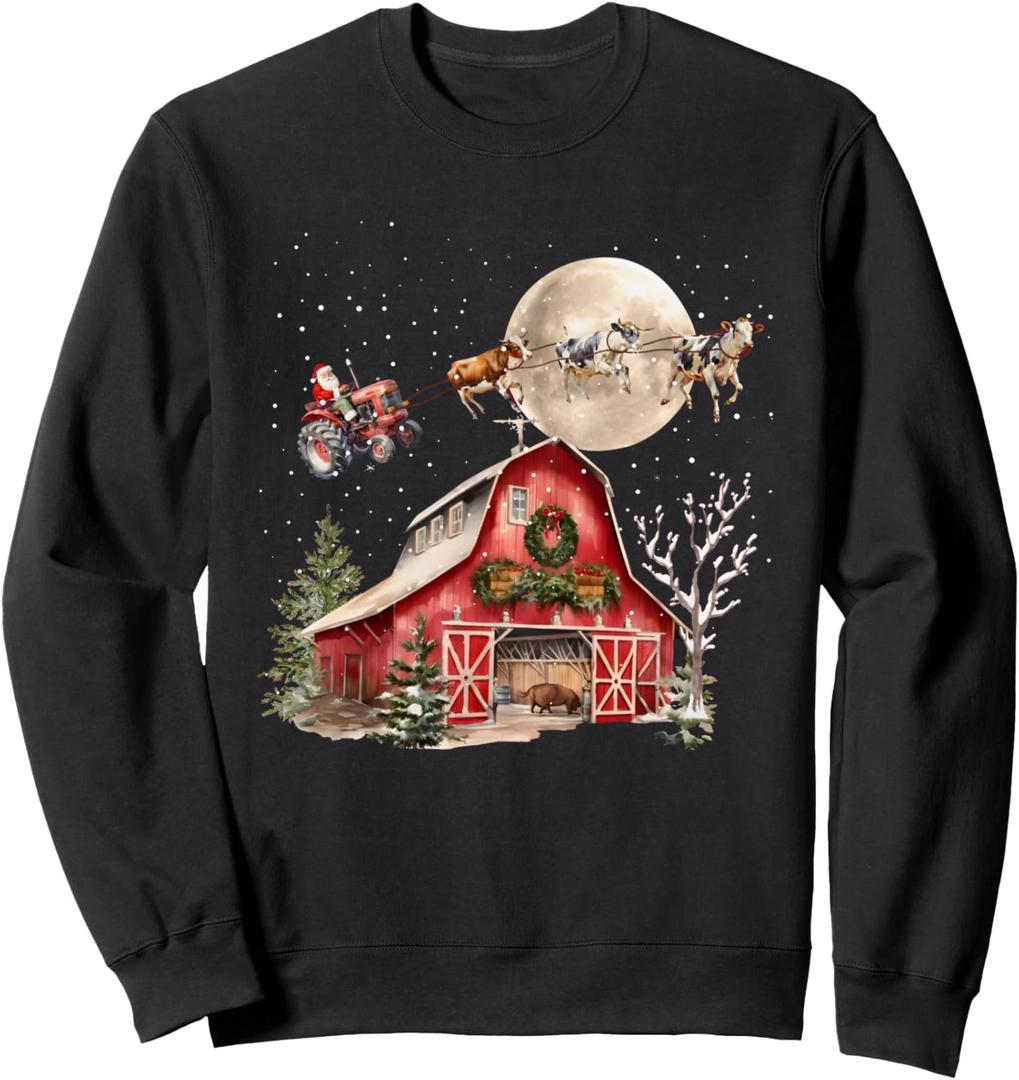 Funny Country Christmas Santa Cows Santa Tractor Holiday Sweatshirt, S