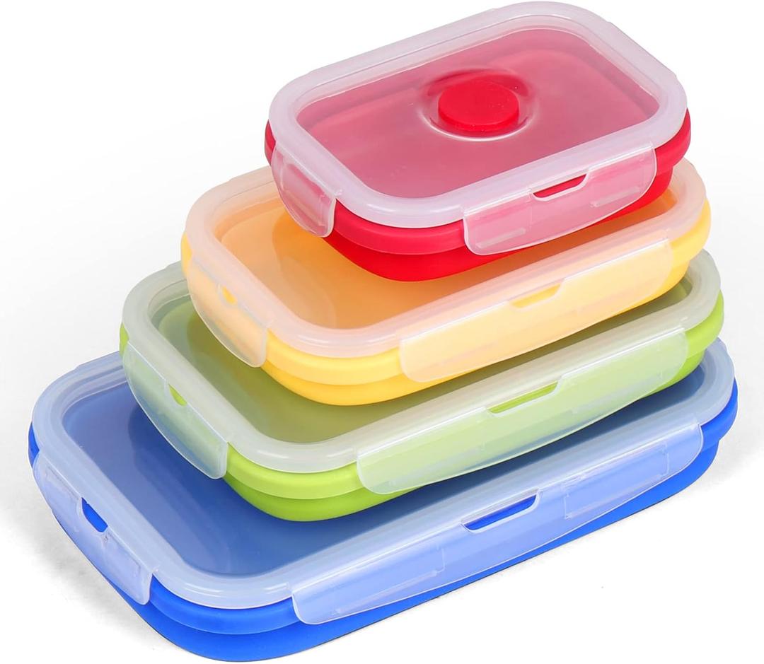Set of 4 Collapsible Silicone Food Storage Container, Foldable Meal Prep Lunch Box Containers for Food with Airtight Lids, Colorful Bento Lunch Boxes, Microwave, Dishwasher & Freezer Safe