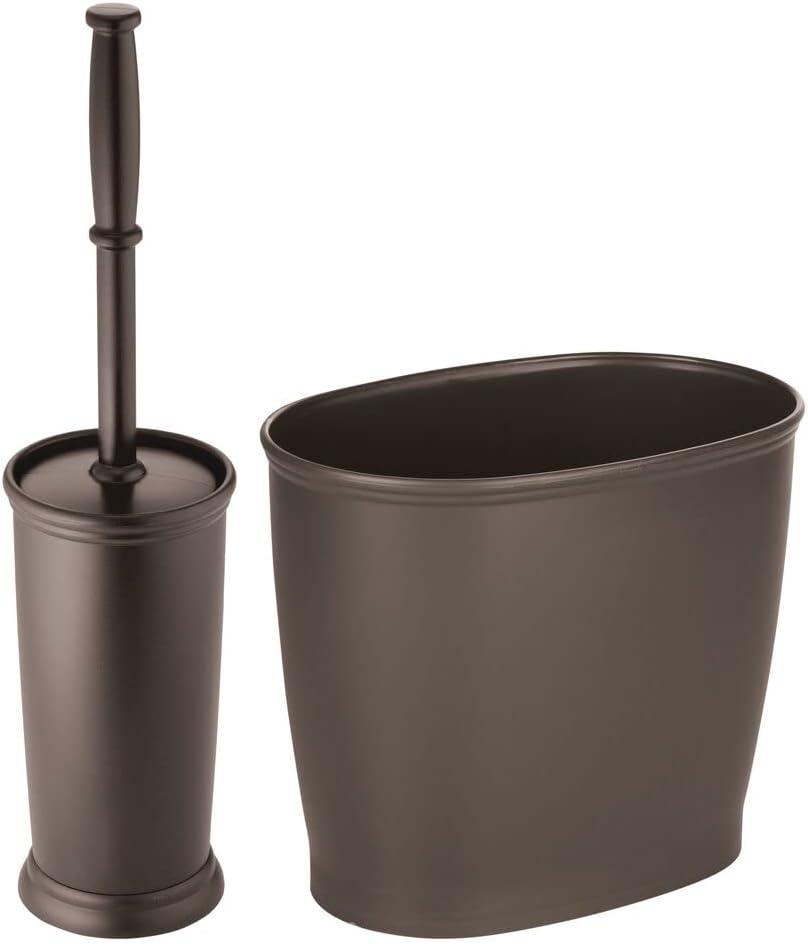 mDesign Modern Compact Freestanding Plastic Toilet Bowl Brush and Oval Wastebasket Garbage Can Combo for Bathroom Storage - Sturdy, Deep Cleaning - Hyde Collection - Set of 2 - Dark Brown