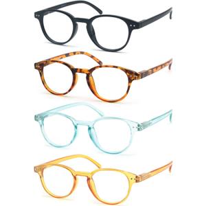 Reading Glasses Women Blue Light Blocking Round Readers +1.50 Blue Ray Magnifying Cheaters for Small Head/Petite Face 4 Pack