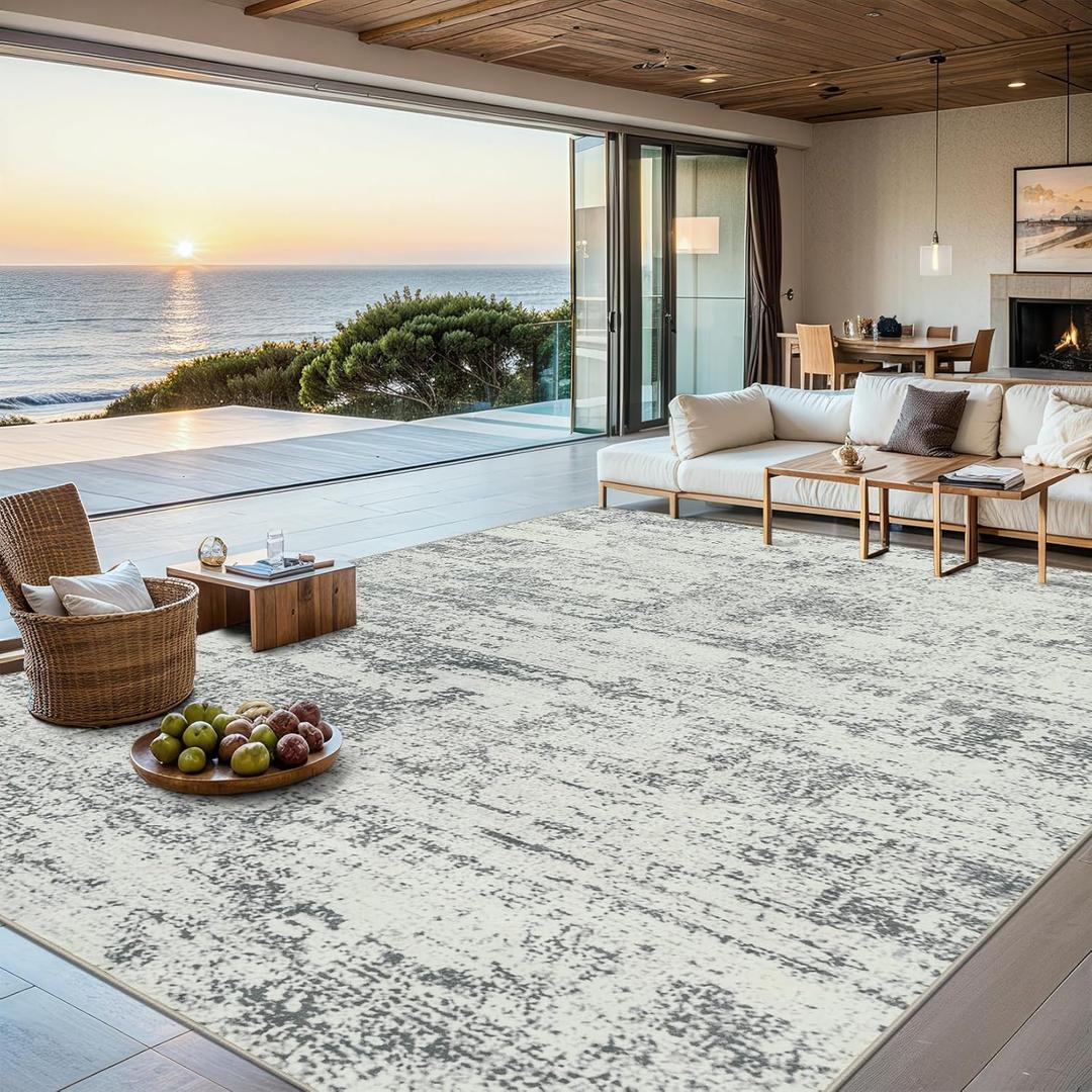 Area Rugs 9x12 Living Room - Washable Rug Modern Abstract Soft Large Neutral Non-Slip Carpet Indoor Floor Stain Resistant Thin Carpets for Bedroom Dining Room Farmhouse Nursery Home Office Grey